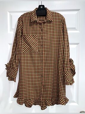 La belle Vie! Brown and Yellow Plaid Ruffle-Hem Shirt Dress, Size S.